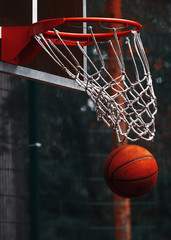 the ball in the basketball Hoop	