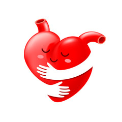 Red heart with hand embrace. human organ cartoon character. icon design. Health care concept. World heart day. Illustration isolated on white background.