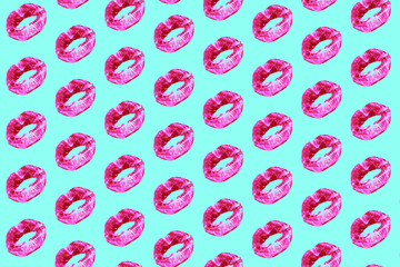 Print of kiss lips women, pink female lipstick, glamorous sensual red girl lip on blue background. Sexy sweet kissing, open mouth, pop art, minimal style, makeup seamless pattern.