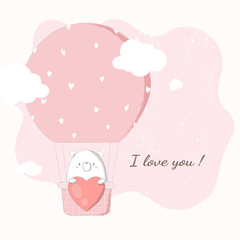 Cute bear holding big heart in hot air balloon floating in pink sky.