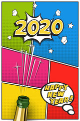 2020 New Year retro design in comic book style with champagne bottle. Vector 2020 New Year postcard or greeting card template.