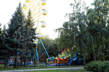 Ferris Wheel near green trees in the city park