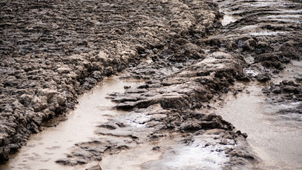 Dry cracked soil, Arid climate. Volcanic landscape around volcano. mountainous relief after volcanic eruption