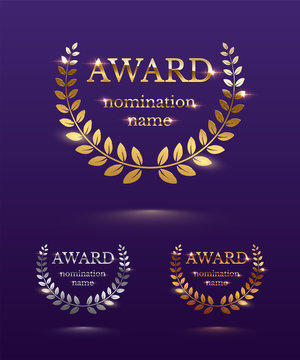 Award design templates. Vector golden, silver and bronze award signs with laurel wreath isolated on blue background.