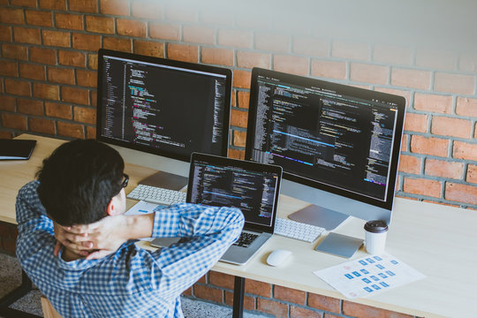 Relaxing, programer having problem project developer programming and coding technology. Website design Safety of the social world Cyberspace concept