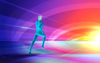 Fototapeta na wymiar Man running in colorful background, hi-tech illustration