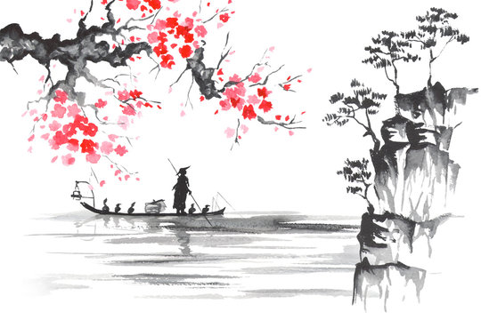 Japan Traditional japanese painting Sumi-e art Japan Traditional japanese painting Sumi-e art Man with boat