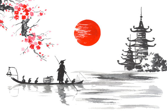 Japan Traditional japanese painting Sumi-e art Japan Traditional japanese painting Sumi-e art Man with boat