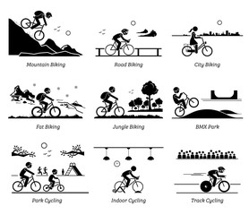 Cyclist cycling and riding bicycle in different places. Pictograms depict biking at mountain, road, city, ice, jungle, BMX, park, indoor, and track.