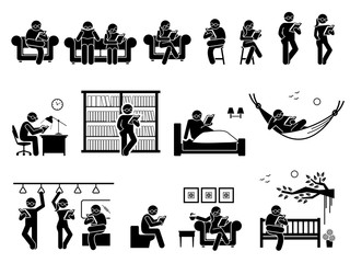 Obraz premium People reading book at different places. Pictogram depicts man and woman sitting and standing to read book on couch, chair, table, library, bed, hammock, train, toilet, coffee shop, and garden park.