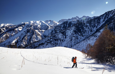 Fototapeta na wymiar Skiing on the fresh powder snow