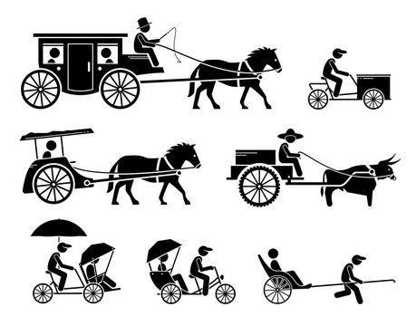 Set of traditional, old, and ancient ground transportations. Pictograms  depict dokar, dogcart, horse carriage car, cargo bicycle, bullock cart,  trishaw, rickshaw, and horse drawn vehicle. Stock Vector | Adobe Stock