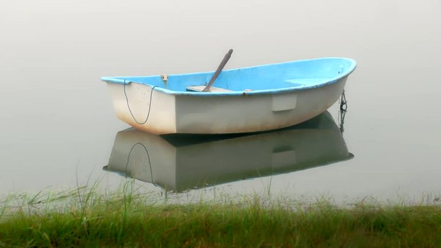 Dinghy rowboat at anchor in a quiet foggy cove with no horizon line visible. Great background for graphics or title page.  Marshy grass in foreground.