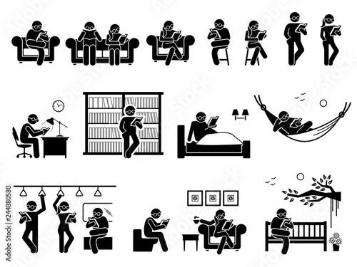 People Reading Book At Different Places Pictogram Depicts