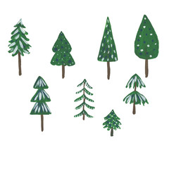Set of fir trees. Children's drawings. Hand drawn with gouache