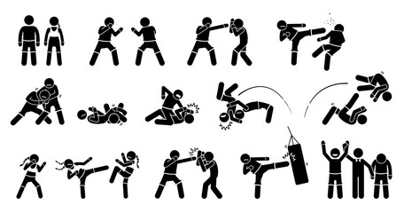 MMA mixed martial arts actions. Pictogram depicts MMA fighters with fighting and combat techniques. These MMA male and female poses are punch, kick, block grappling, chocking, throwing, and training.