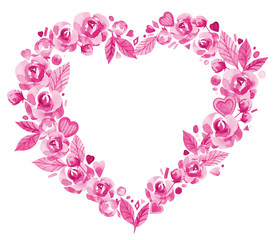 Fototapeta na wymiar Hand painted watercolor Valentine's day pink flower and hearts in heart shape isolated on white. Perfect for gift cards, collages and other design purposes.