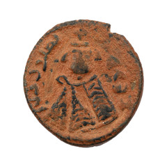 Ancient copper or bronze byzantine coin isolated on white