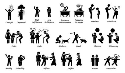 Child characteristics, attitudes, feelings, and emotions. Illustrations depict the opposite behaviors and emotions of kids and children.