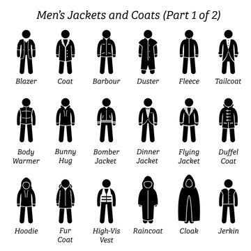 Men jackets and coats. Stick figures depict a set of different types of jackets and coats clothes. This fashion clothings design are wear by men or male. Part 1 of 2.