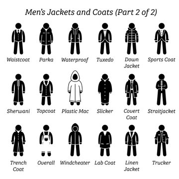 Men jackets and coats. Stick figures depict a set of different types of jackets and coats clothes. This fashion clothings design are wear by men or male. Part 2 of 2.