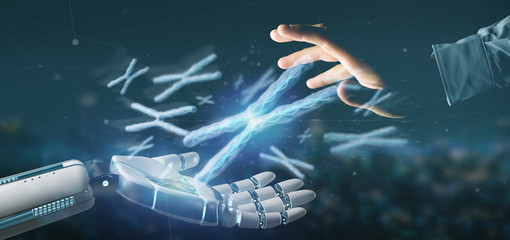 Cyborg hand holding a Group of chromosome with DNA inside isolated on a background 3d rendering