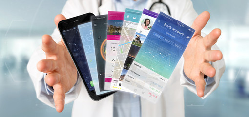 Doctor holding Mobile application template on a smartphone 3d rendering