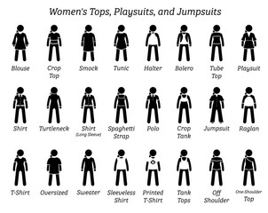 Women tops, playsuits, and jumpsuits. Stick figures depict a set of different type of tops, t-shirt, shirts, playsuits, and jumpsuits. This fashion clothing designs are wear by female, lady, and girl.