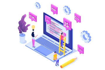 Programming Software or app development isometric concept, big data processing. Vector  illustration