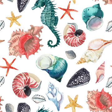 Watercolor sea life vector pattern