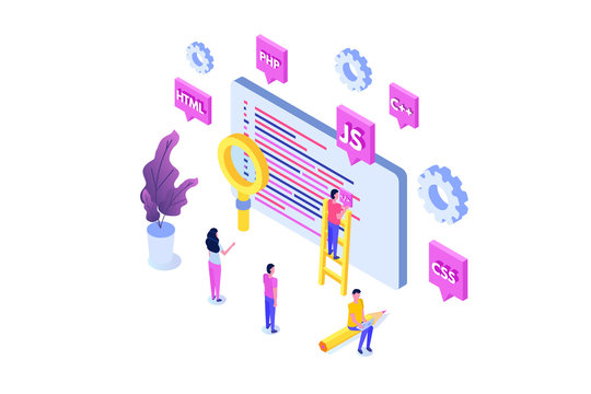 Programming Software or app development isometric concept, big data processing. Vector  illustration