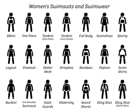 Women swimsuits and swimwear. Stick figures depict different types of swimming suits fashion wear by woman, lady, girl, or female.