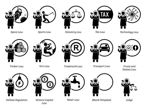 Different type of laws. Icons depict field and area of laws, justice, jurisdictions, regulations, and legal system. Part 7 of 7.