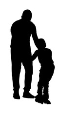 Father helps son with roller skating
