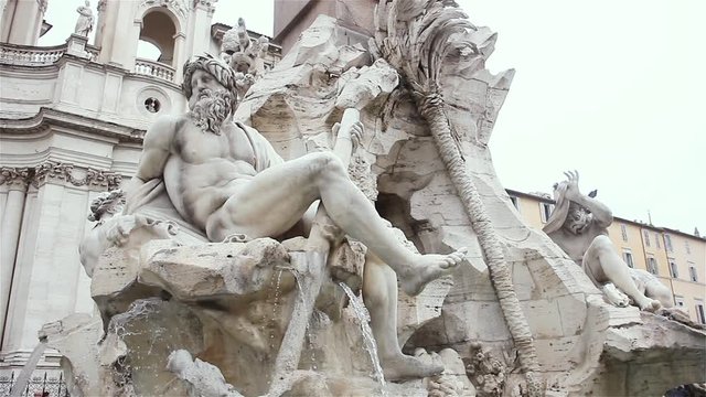 Fontana dei Quattro Fiumi (Fountain of the Four Rivers), Sculpture Showing the River-god Ganges, designed by Gian Lorenzo Bernini in 1651, Piazza Navona, Rome, Lazio, Italy.