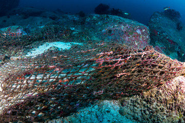 An old abandoned ghost fishing net entangled on a tropical coral reef in Thailand