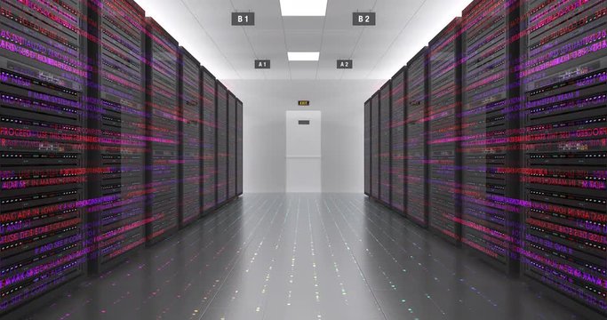 Modern Server Room Environment. Computer Racks All Around With Flying Texts. Technology Related 4K 3D Animation.