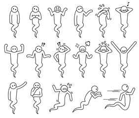 Ghost basic poses and postures. Set of icons depict white soul and spirit in different actions and emotions.