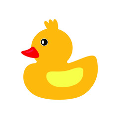 Vector cartoon style illustration of yellow rubber duck, toy, isolated on white background.