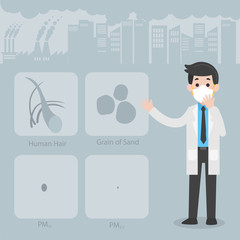 Doctor wearing protective face masks Character Medical Health care concept, factory pipes emitting smoke on background. Fine dust, PM 2.5, air pollution, industrial smog, pollutant gas emission.