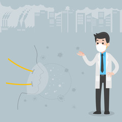 Doctor wearing protective face masks Character Medical Health care concept, factory pipes emitting smoke on background. Fine dust, PM 2.5, air pollution, industrial smog, pollutant gas emission.