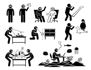 People using and wearing future augmented reality headset, glasses, and spectacles. Stick figure pictogram depicts icons for AR devices and the application usages with the futuristic technology.