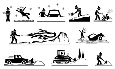 People having problems with snow and ice during winter. Pictogram depicts icons of human removing snows from roof, road, street, and house with snow plow truck, shovel, snow blower, and flamethrower.