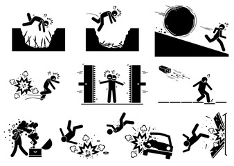 Booby trap pictograms. Stick figure icons depict ancient and modern booby trap setup that kill human. - obrazy, fototapety, plakaty