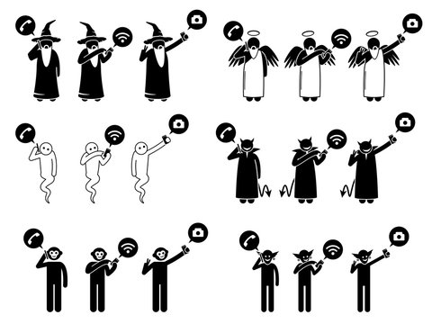 Fictional characters using phone or smartphone technology. Pictogram depict icons of wizard, God, ghost, Satan, devil, monkey, and troll talking, surfing Internet, and selfie with a cellphone.