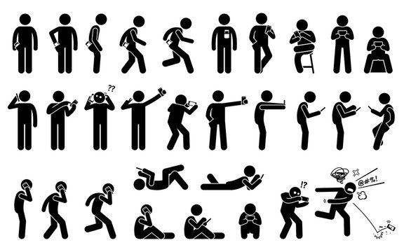 Man using, holding, and carrying phone or smartphone in different basic position and postures. Stick figures depict a set of human with a cellphone.