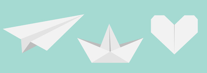 Origami paper plane, boat ship, heart icon set. Gray color. Handmade toy line. Flat design. Cute love symbol. Blue background. Isolated.