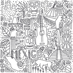 Hand drawn illustration. Vector objects set. Mexican culture. Doodle style sketch.