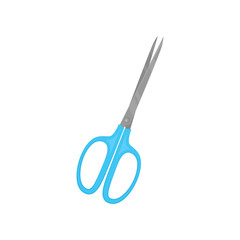 Scissors with two sharp blades and bright blue handles. Instrument for cutting paper and carton. Flat vector icon