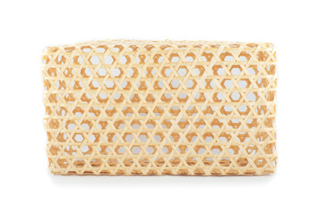 beautiful natural wicker basket,  isolated bamboo basket set on white background, natural packaging design by weaved bamboo, closing of handmade slight packaging on white background
